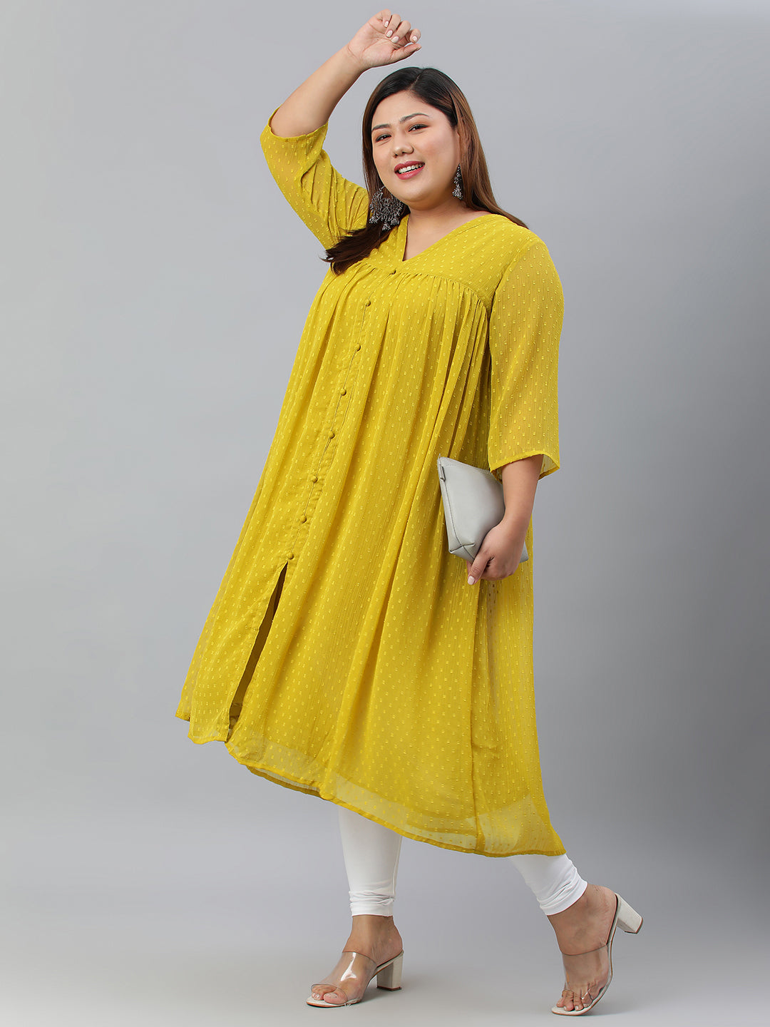 Janasya Women's Mustard Poly Chiffon Self Design Casual Flared kurta - Distacart