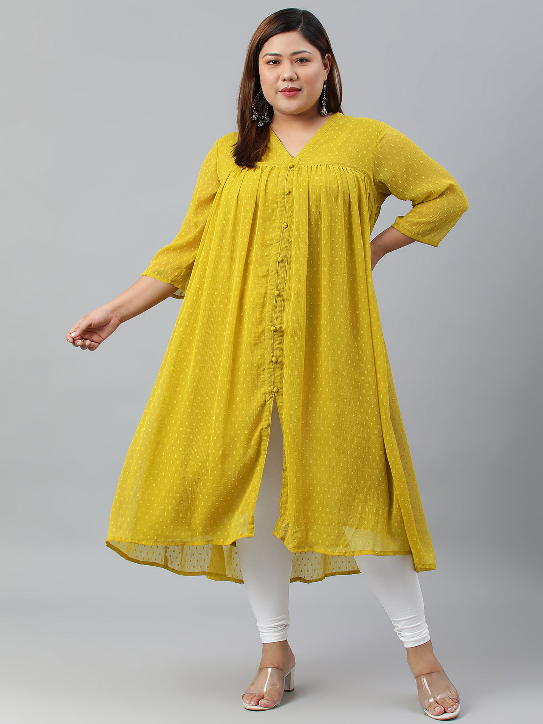 Janasya Women's Mustard Poly Chiffon Self Design Casual Flared kurta - Distacart