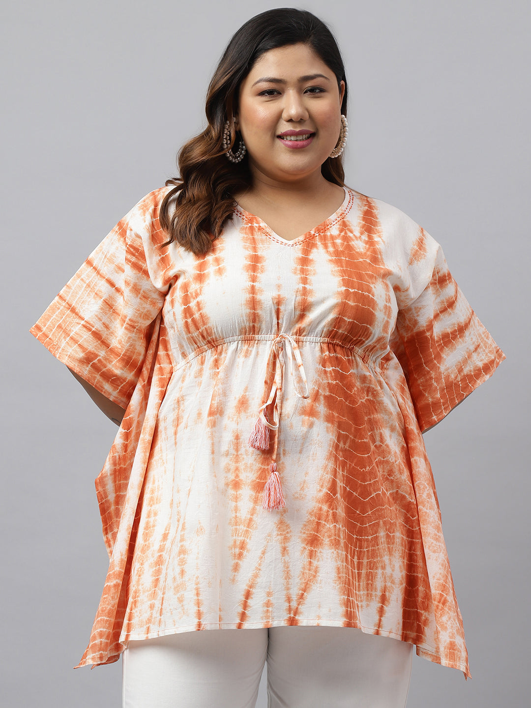 Janasya Women's Off White Cotton Tie Dye Casual Kaftan Tunic - Distacart