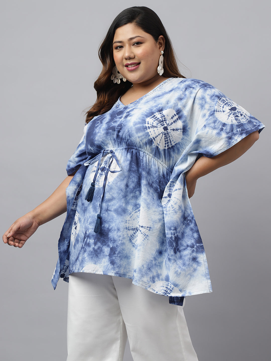 Janasya Women's Navy Blue Cotton Tie Dye Casual Kaftan Tunic - Distacart