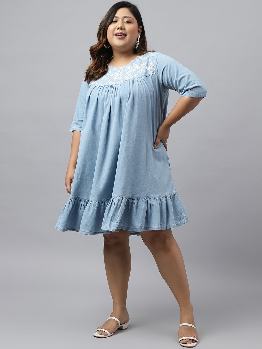 Janasya Women's Light Blue Denim Yoke Embroidered Casual Flared Western Dress - Distacart