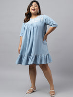 Thumbnail for Janasya Women's Light Blue Denim Yoke Embroidered Casual Flared Western Dress - Distacart
