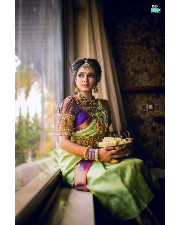 DEIANA'S Beautiful Golden Jari with New Design Soft Lichi Silk Saree - Pista - Distacart