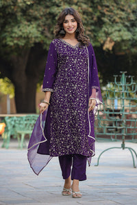 Thumbnail for Women's Purple Silk Blend Ethnic Motifs Straight Suit Set - Rasiya - Distacart