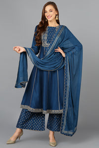 Thumbnail for Women's Teal Silk Blend Ethnic Motifs Anarkali Suit Set - Rasiya - Distacart