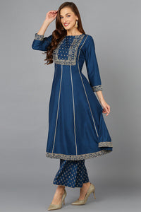 Thumbnail for Women's Teal Silk Blend Ethnic Motifs Anarkali Suit Set - Rasiya - Distacart