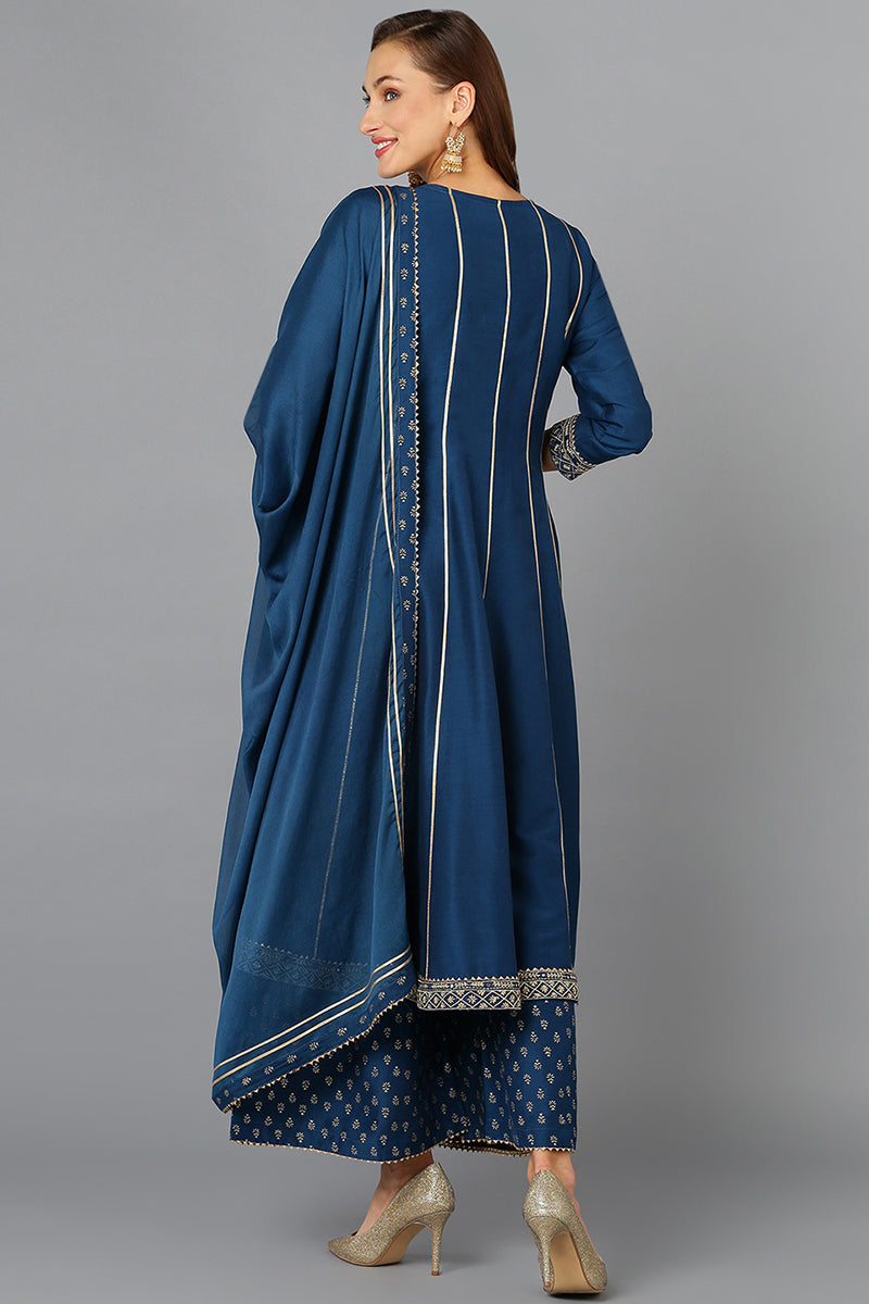 Women's Teal Silk Blend Ethnic Motifs Anarkali Suit Set - Rasiya - Distacart