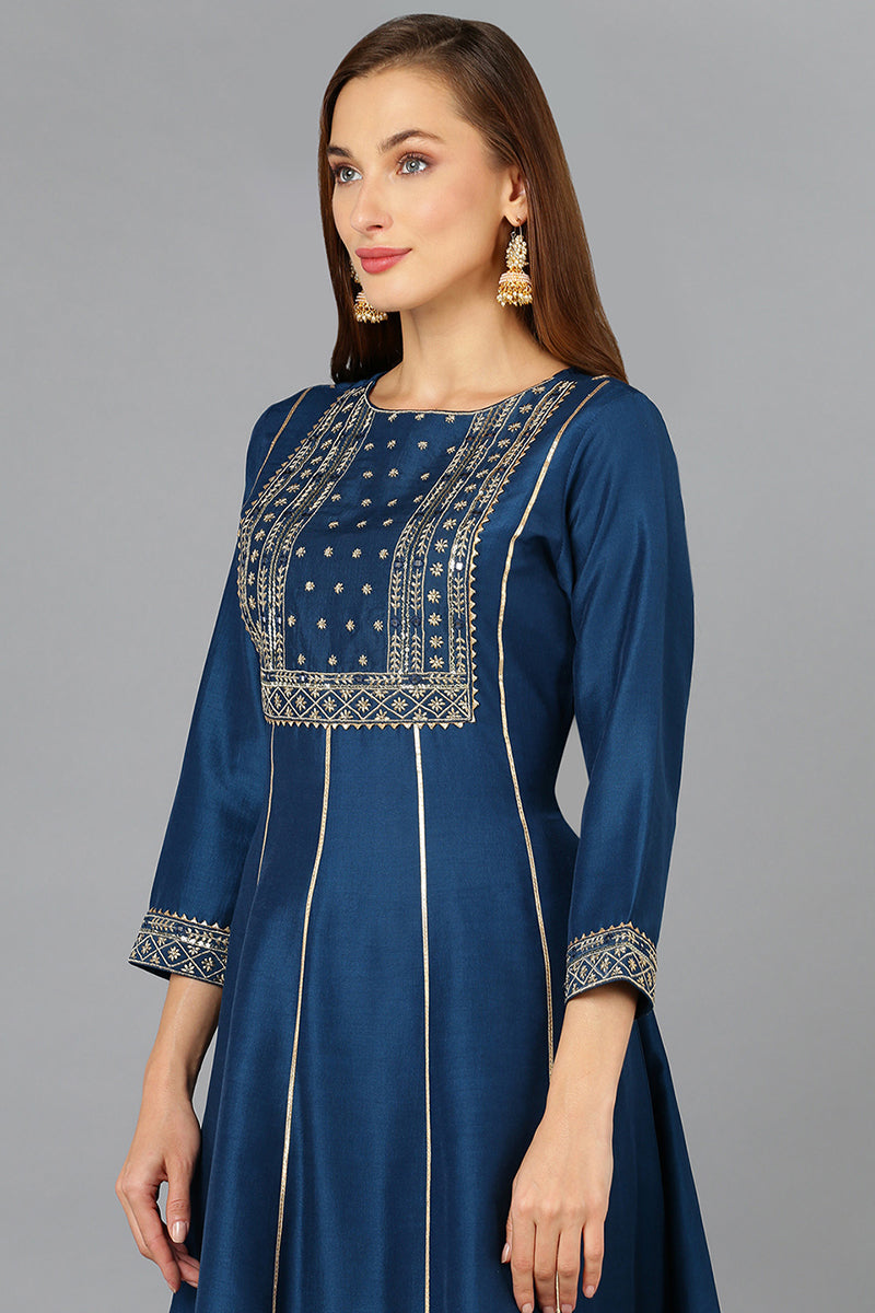 Women's Teal Silk Blend Ethnic Motifs Anarkali Suit Set - Rasiya - Distacart
