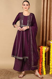 Thumbnail for Women's Plus Size Purple Silk Blend Solid Anarkali Style Suit Set - Rasiya - Distacart