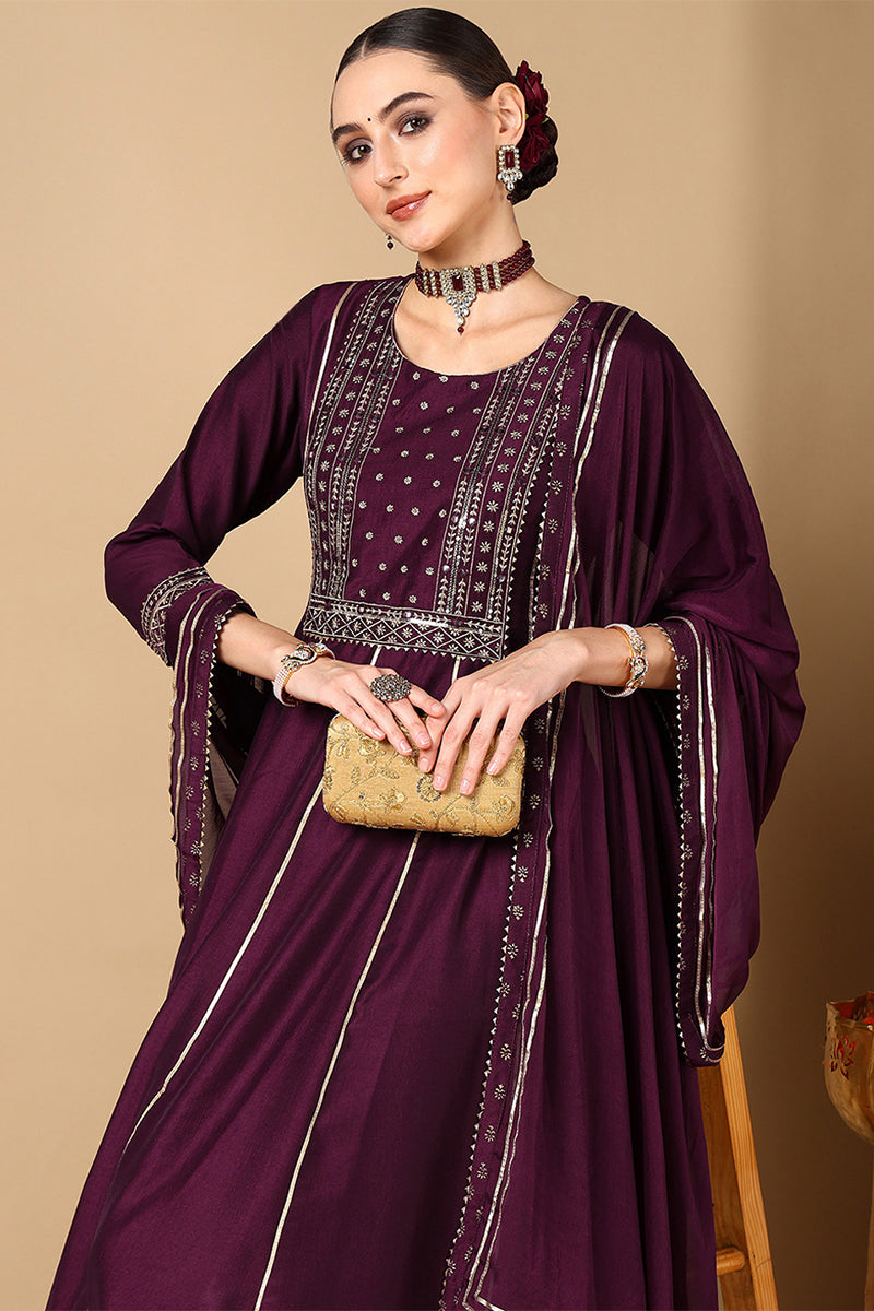 Women's Plus Size Purple Silk Blend Solid Anarkali Style Suit Set - Rasiya - Distacart