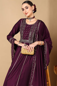Thumbnail for Women's Plus Size Purple Silk Blend Solid Anarkali Style Suit Set - Rasiya - Distacart