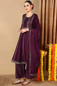 Thumbnail for Women's Plus Size Purple Silk Blend Solid Anarkali Style Suit Set - Rasiya - Distacart