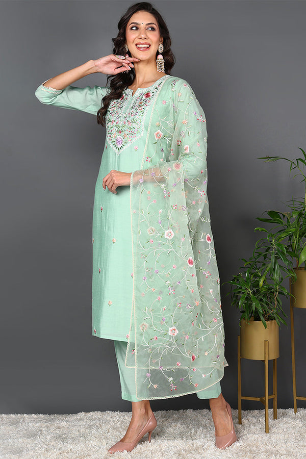 Plus Size Green Printed Silk Blend Straight Suit Set With Dupatta