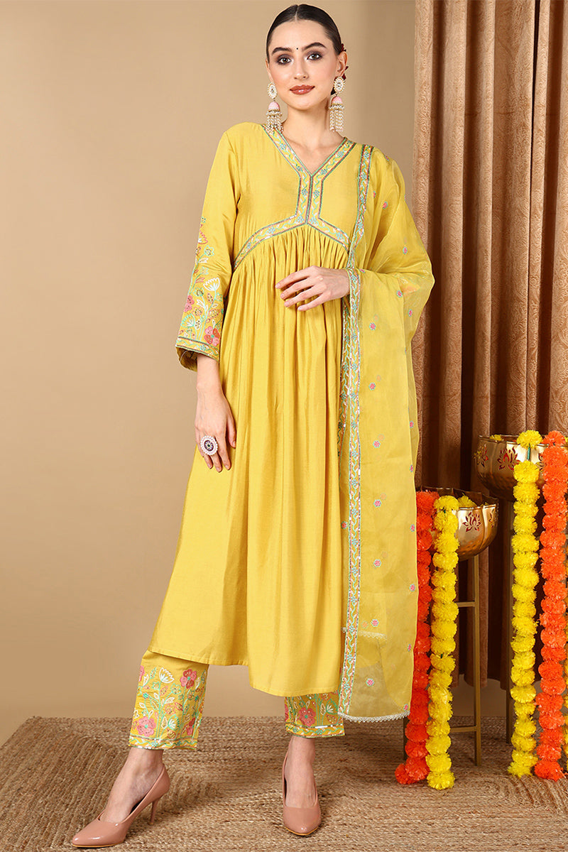 Women's Plus Size Yellow Silk Blend Solid Anarkali Style Suit Set - Rasiya - Distacart