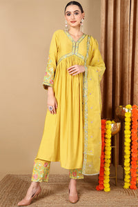 Thumbnail for Women's Plus Size Yellow Silk Blend Solid Anarkali Style Suit Set - Rasiya - Distacart