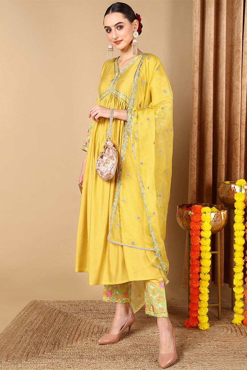 Women's Plus Size Yellow Silk Blend Solid Anarkali Style Suit Set - Rasiya - Distacart