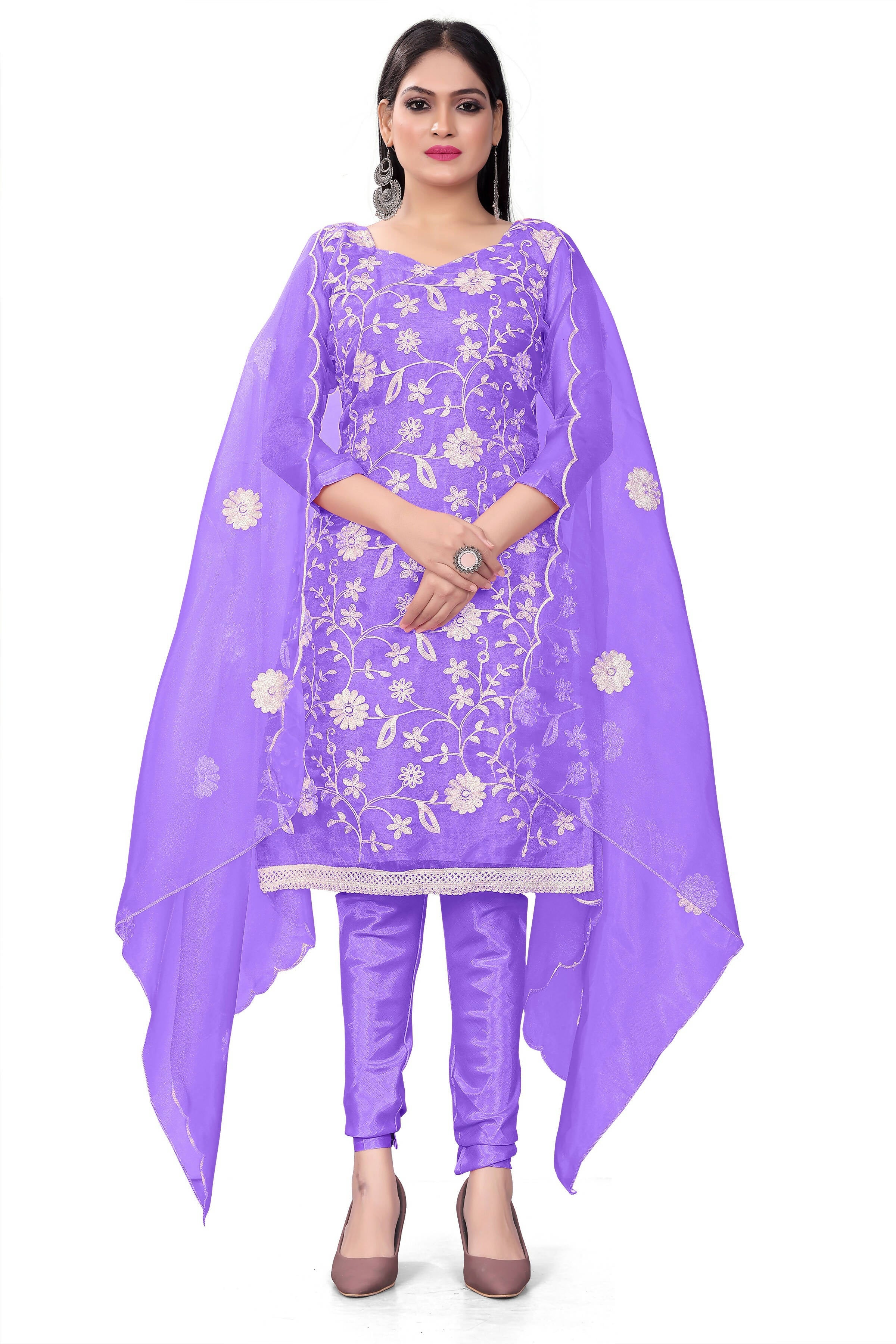 Lavender Organza Silk Embroidered Work Unstitched Dress Material - Tanvi - Distacart