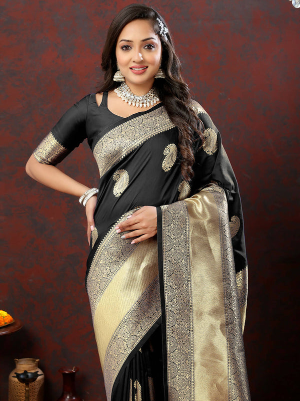 Lorenvalley Fashion Black Soft Silk Woven Design Gold Zari Weaving Saree - Distacart