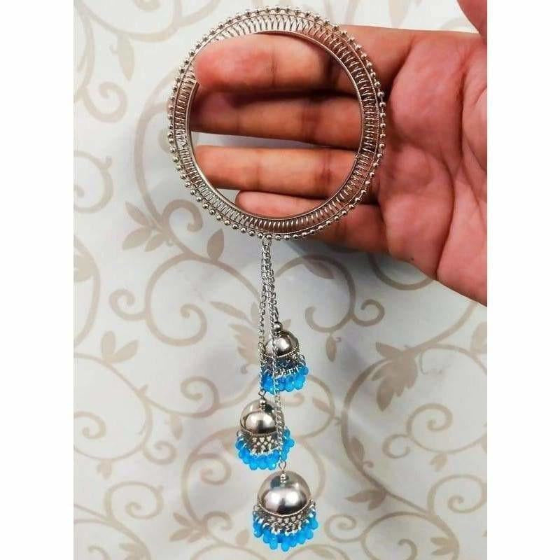 Silver Color Latkan Bangles With Blue Pearls Jhumkas