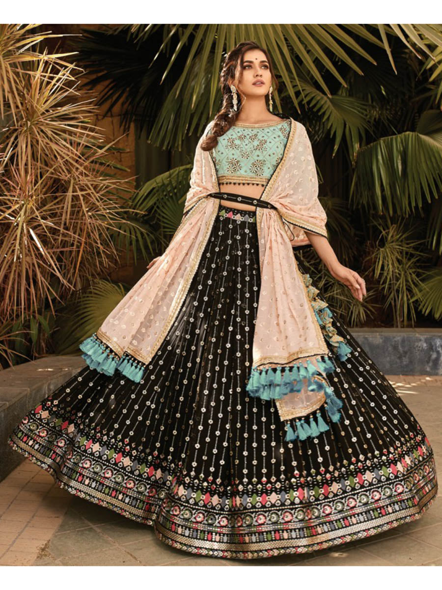 Myra Black and Sea Blue Heavy Embroidered Party Wear Lehenga