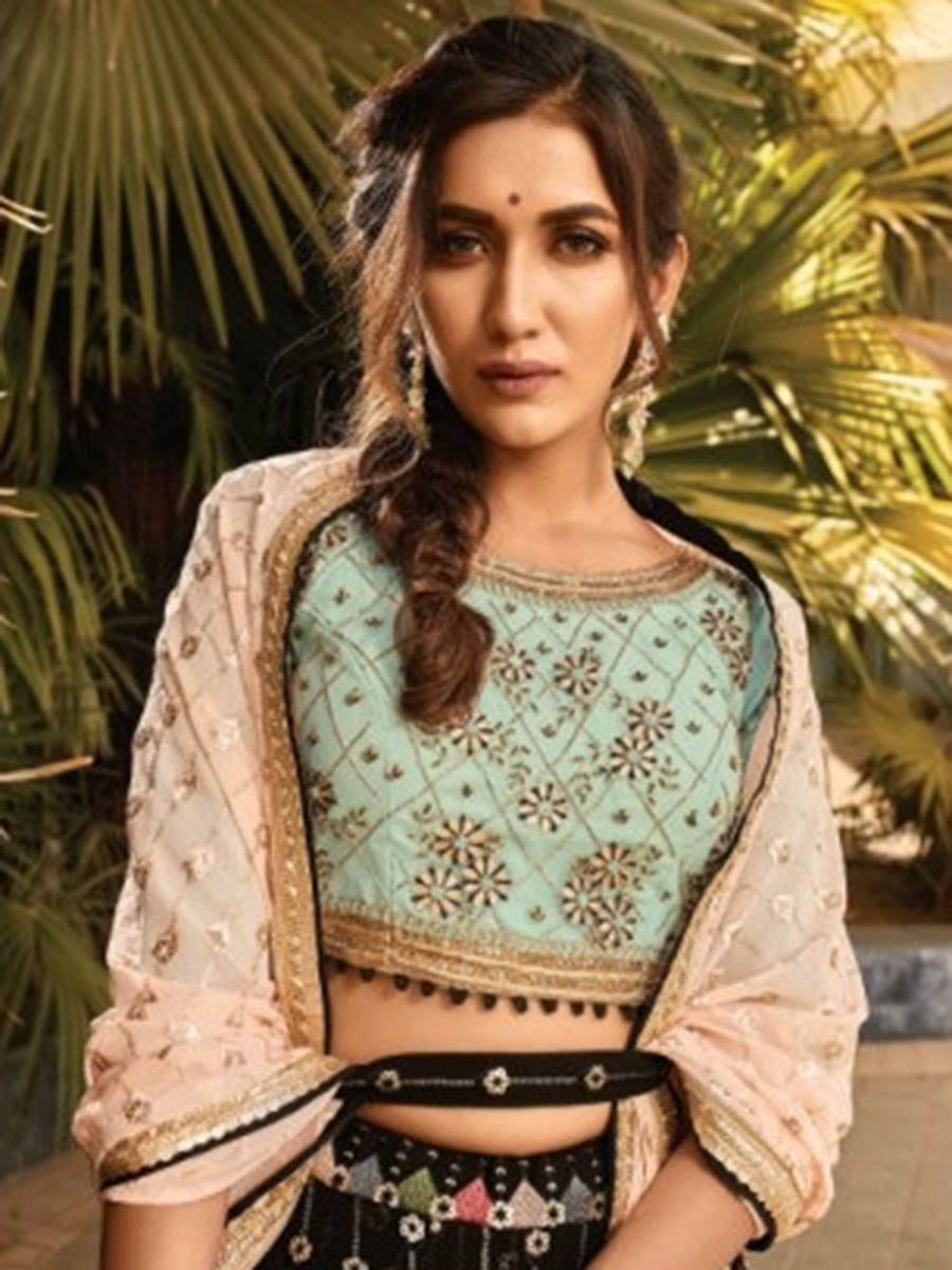 Myra Black and Sea Blue Heavy Embroidered Party Wear Lehenga