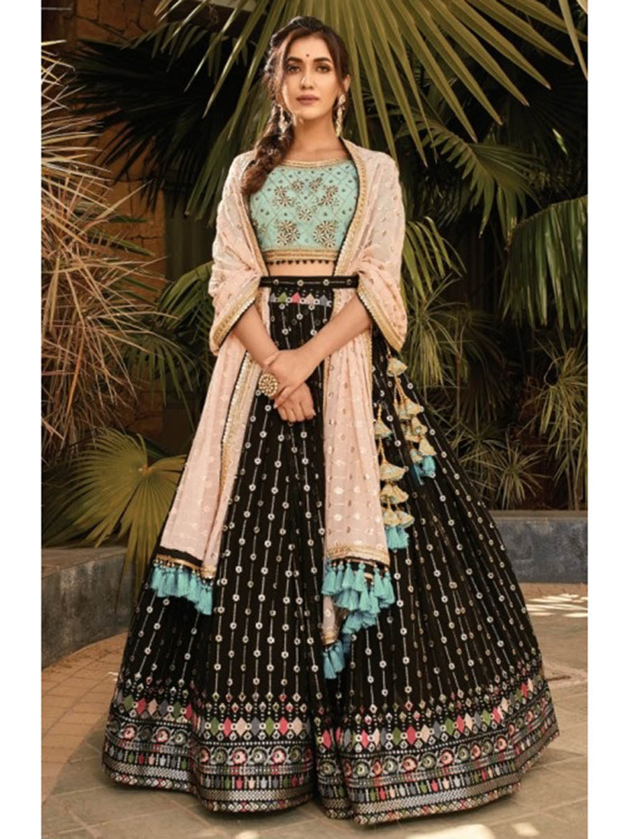 Myra Black and Sea Blue Heavy Embroidered Party Wear Lehenga