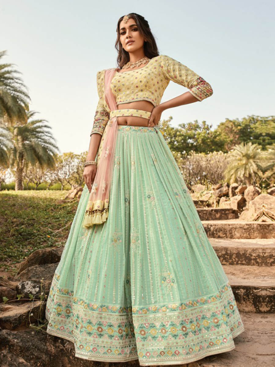 Myra Sea Blue and Lemon Yellow Heavy Embroidered Party Wear Lehenga