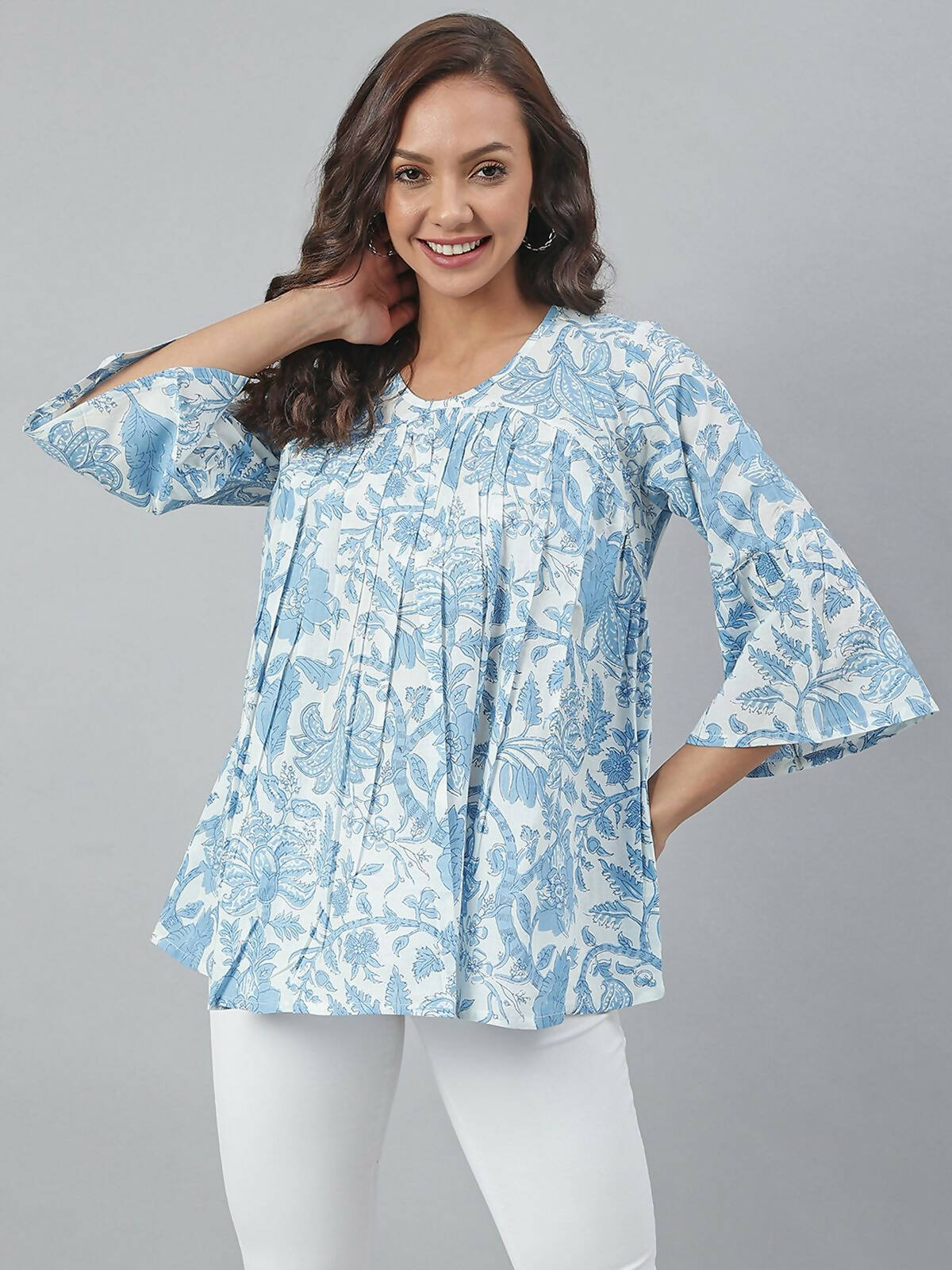 Janasya Women's White Cotton Floral Print Tiered Top - Distacart