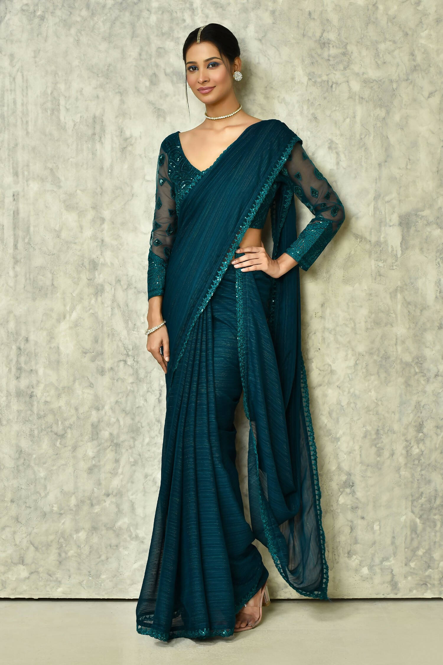 Teal Silk Solid Saree With Blouse Piece - Purvi - Distacart