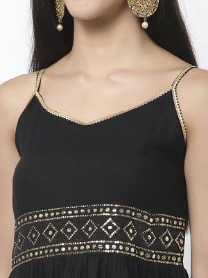 Myshka Women Black Rayon Solid Sleeveless Round Neck Kurta With Sharara & Dupatta Set