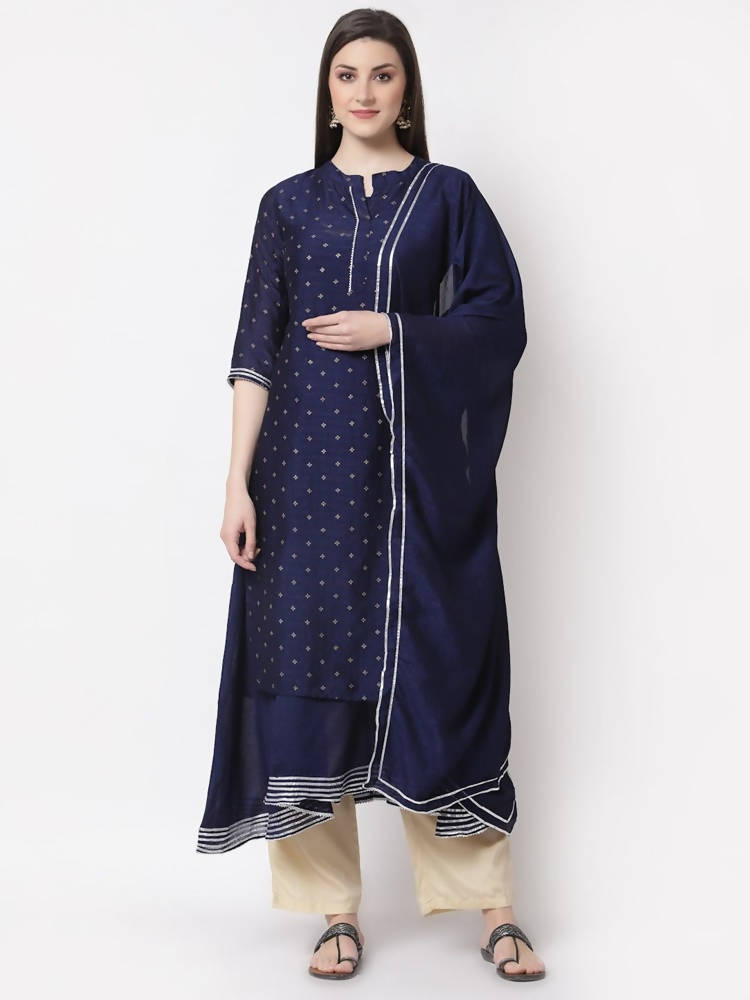 Myshka Blue Color Silk Blend Printed Kurta With Dupatta Set
