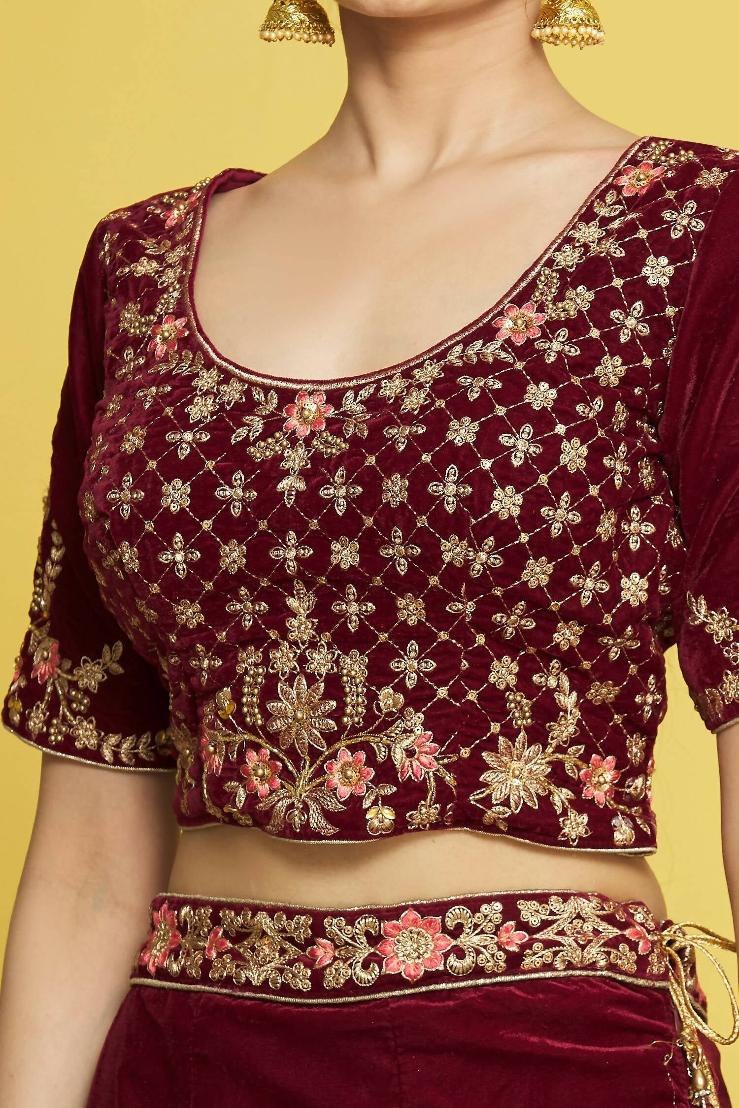 Maroon Velvet Semi-Stitched Wedding Bridal Lehenga - Nimaya - Distacart