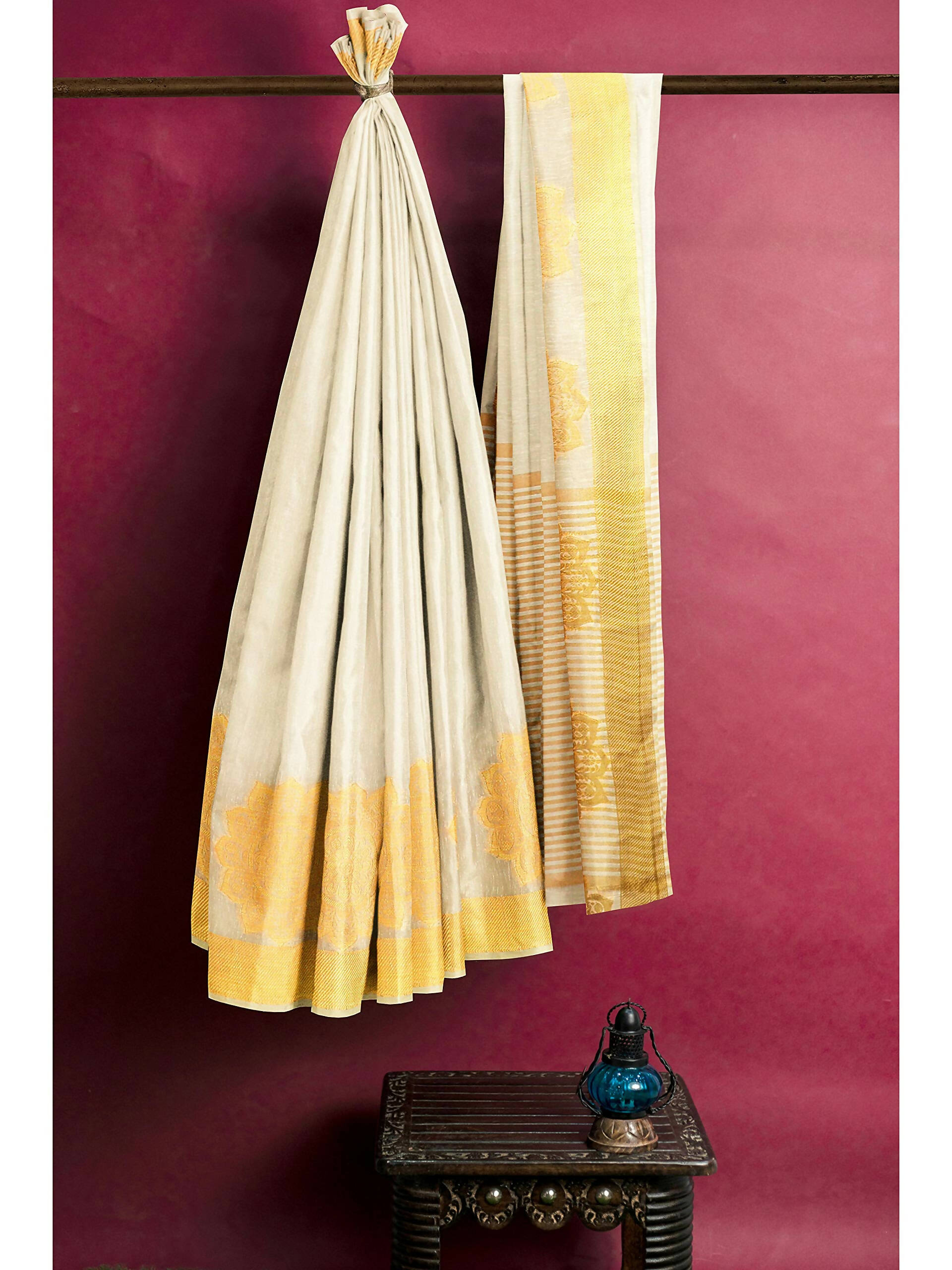 Mimosa Women's Off White Linen Blend Kasavu Saree - Distacart