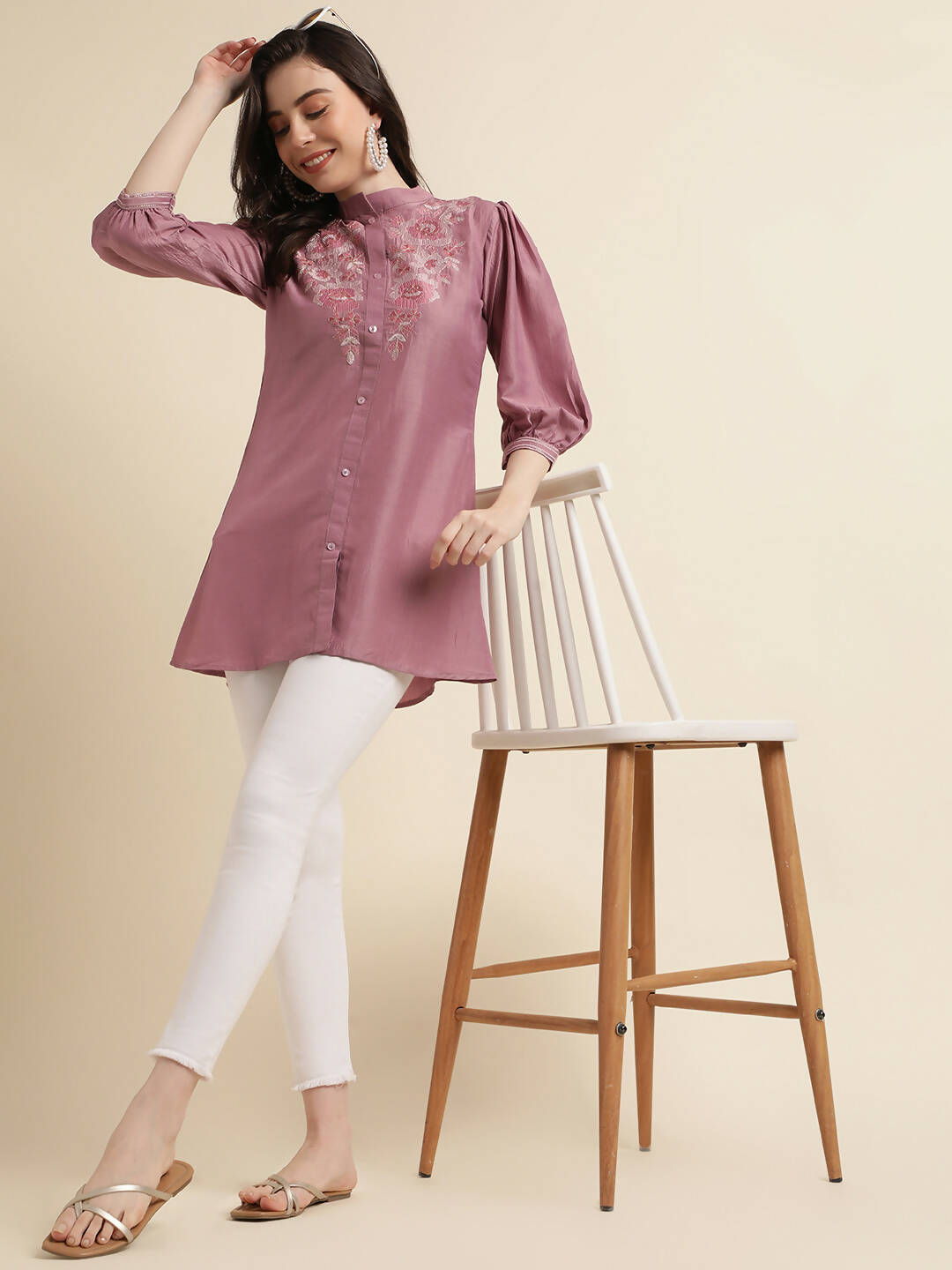 Dust Pink Chinon Yoke Embroidered A-line Top - Tarini - Distacart
