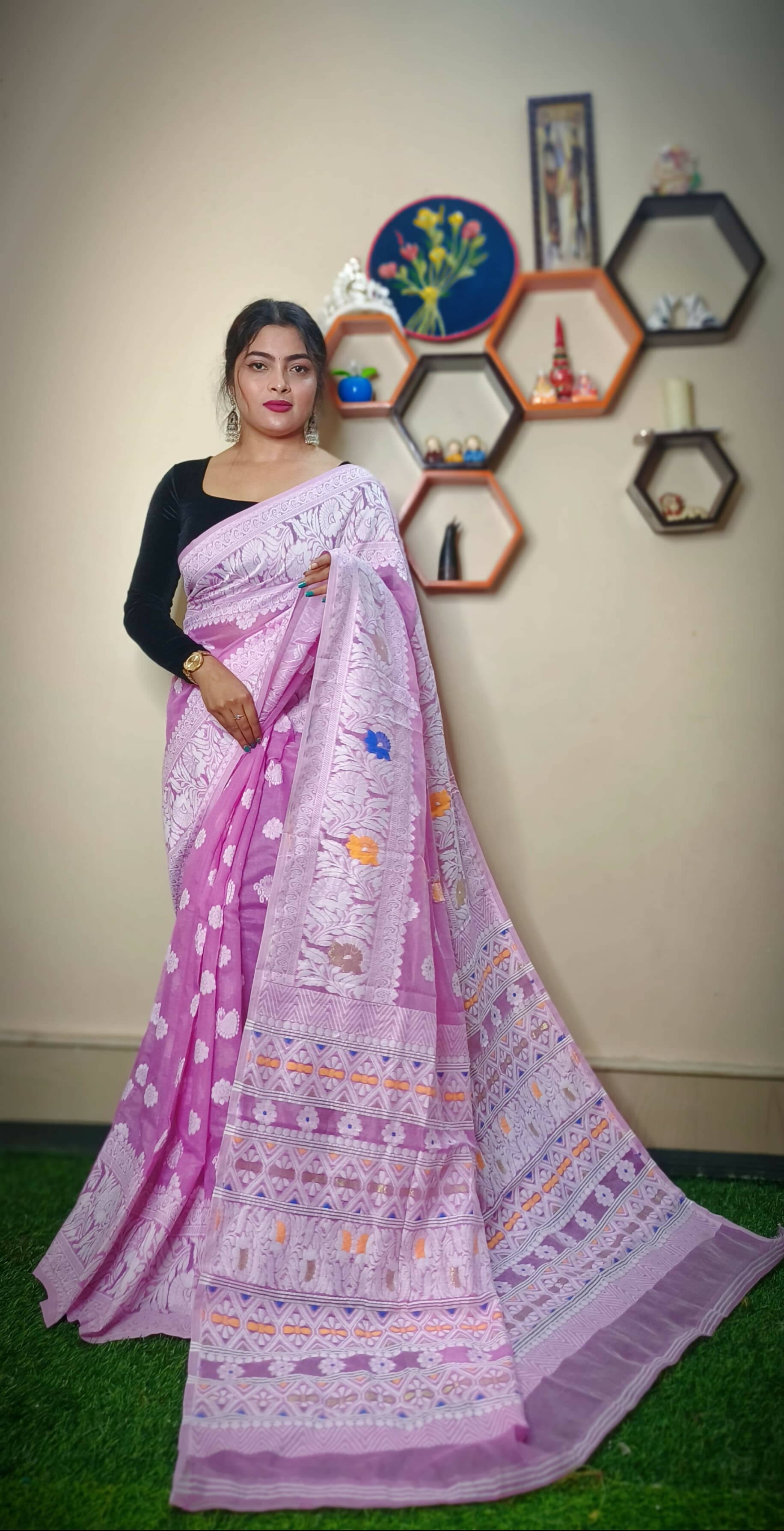 Exclusive Collection Handloom Dhakai Jamdani Saree - Pink - Distacart