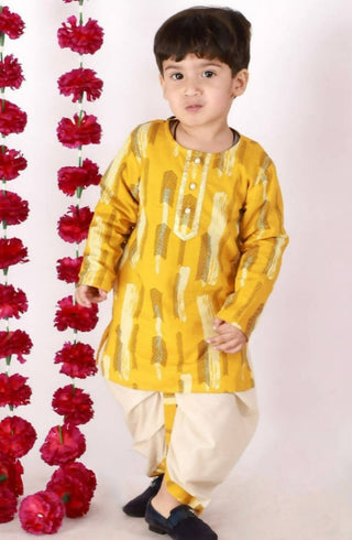 Little Bansi Yellow and Cream Color Feather print Kurta and Dhoti