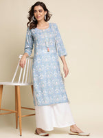 Thumbnail for Blue Linen Floral Printed Straight Fit Kurta - Prasuti - Distacart