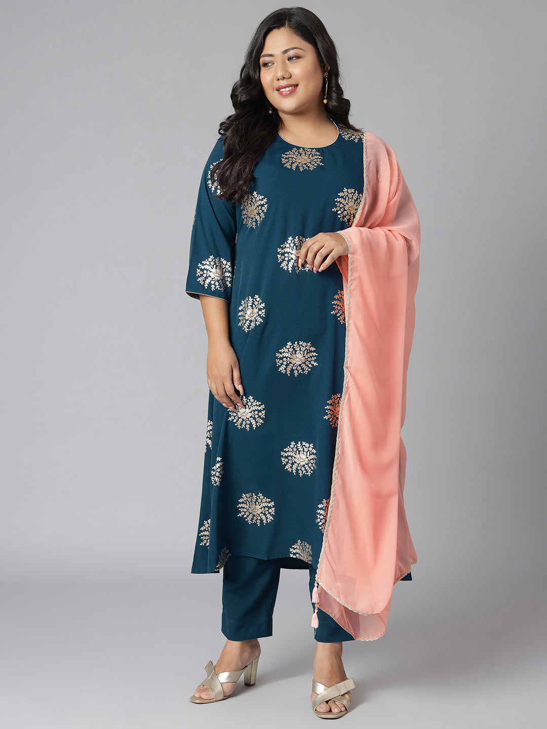 Janasya Women's Teal Poly Crepe A-Line Party Kurta Set - Distacart