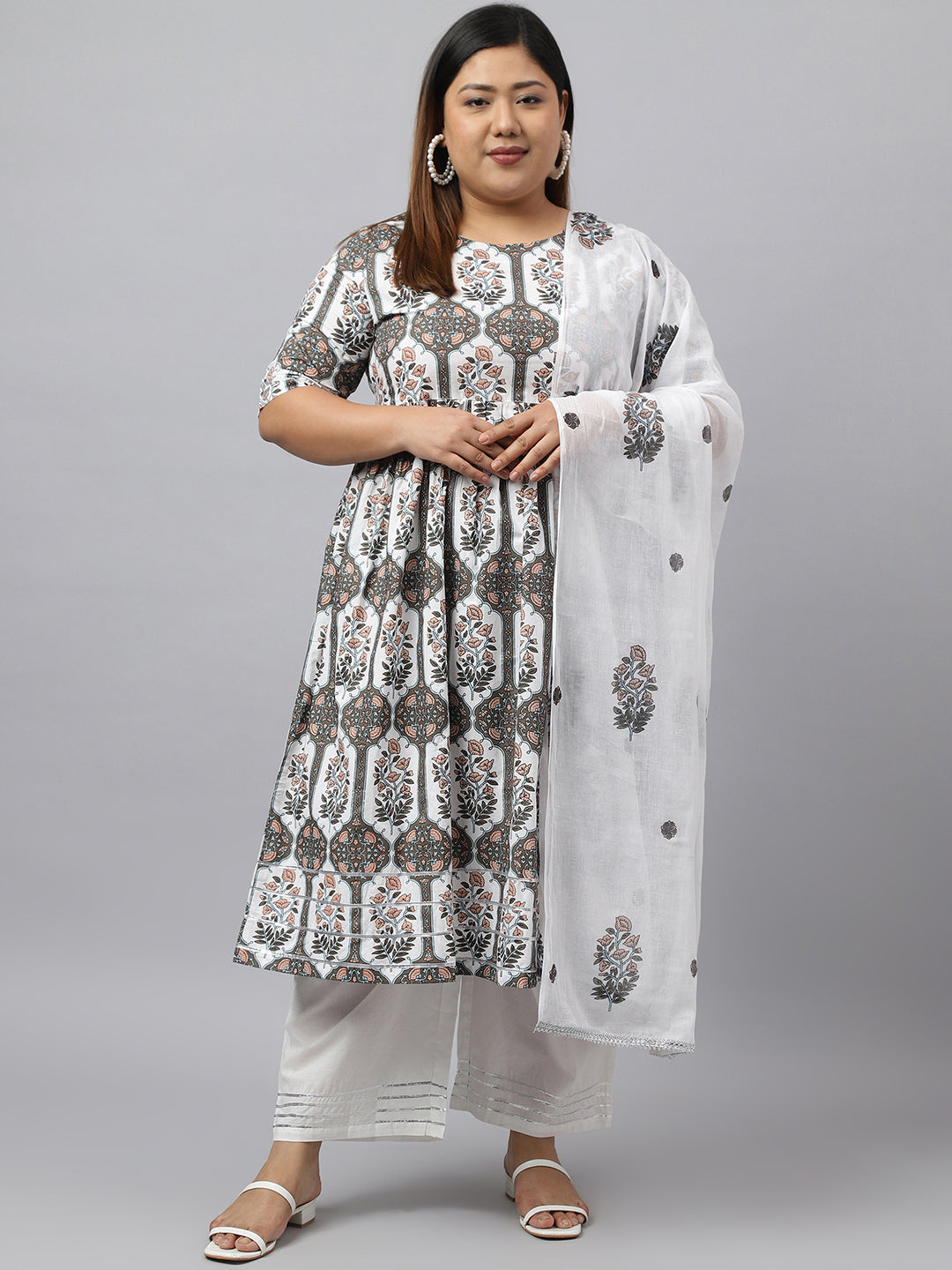 Janasya Women's White Cotton Flared Casual Kurta Set - Distacart
