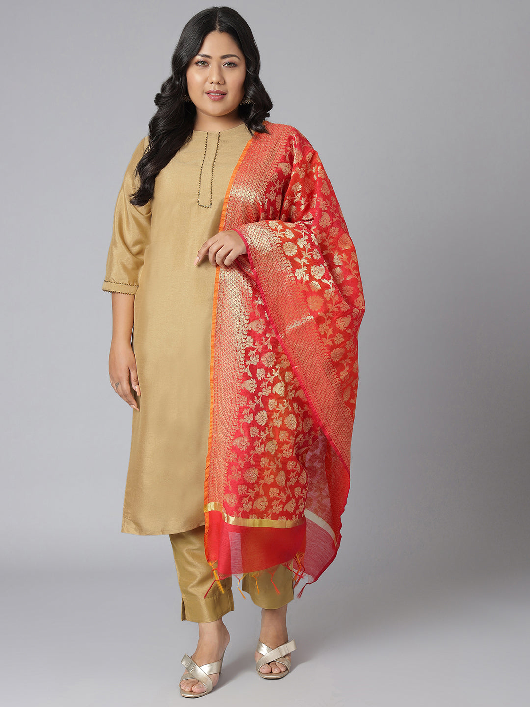 Janasya Women's Gold Poly Silk Straight Festive Kurta Set - Distacart