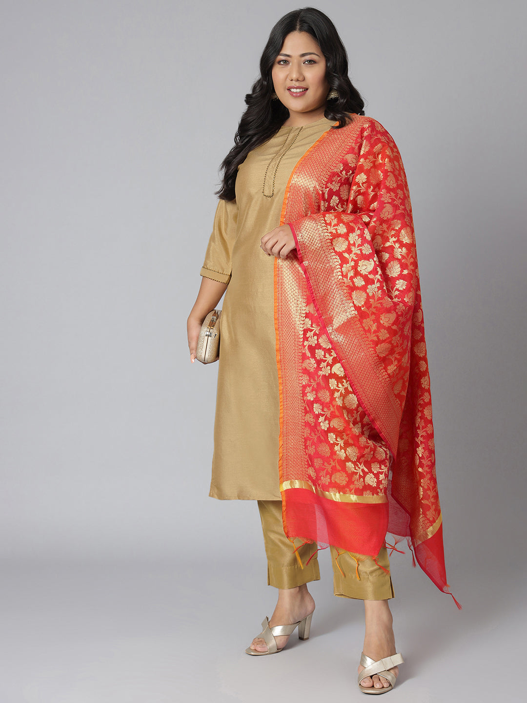 Janasya Women's Gold Poly Silk Straight Festive Kurta Set - Distacart