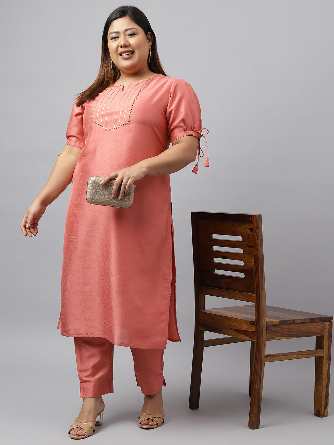 Janasya Women's Peach Poly Silk Straight Festive Kurta Set - Distacart