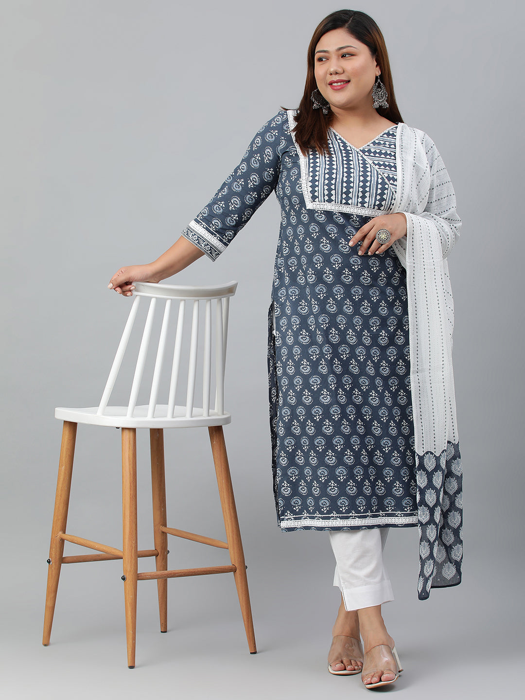 Janasya XL LOVE by Janasya Women's Plus Size Blue Cotton Kurta With Pant and Dupatta - Distacart