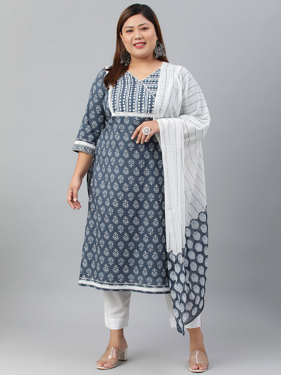 Janasya XL LOVE by Janasya Women's Plus Size Blue Cotton Kurta With Pant and Dupatta - Distacart