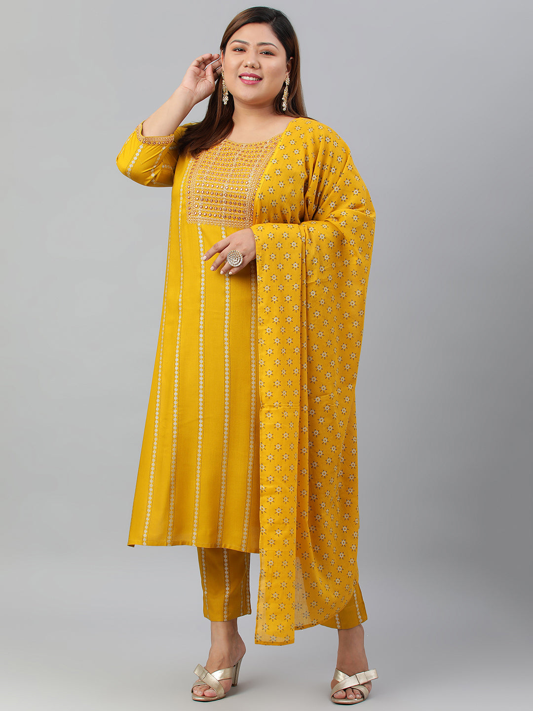 Janasya XL LOVE by Janasya Women's Plus Size Mustard Rayon Kurta With Pant and Dupatta - Distacart