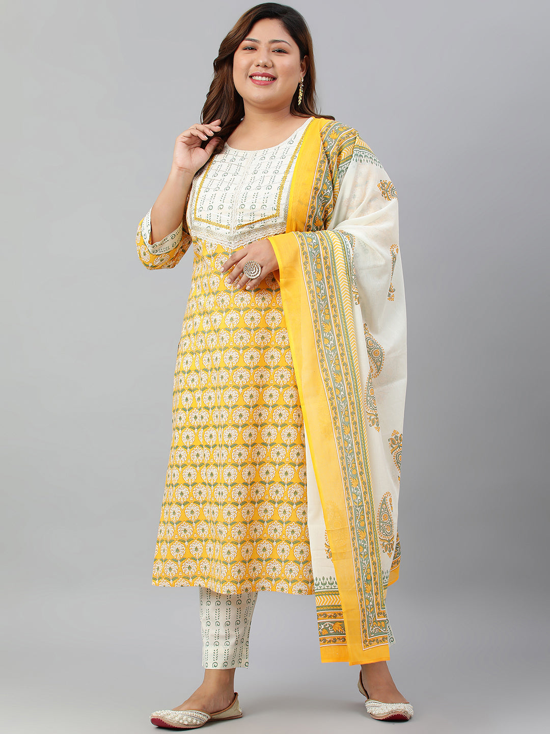 Janasya XL LOVE by Janasya Women's Plus Size Yellow Cotton Kurta With Pants and Dupatta - Distacart