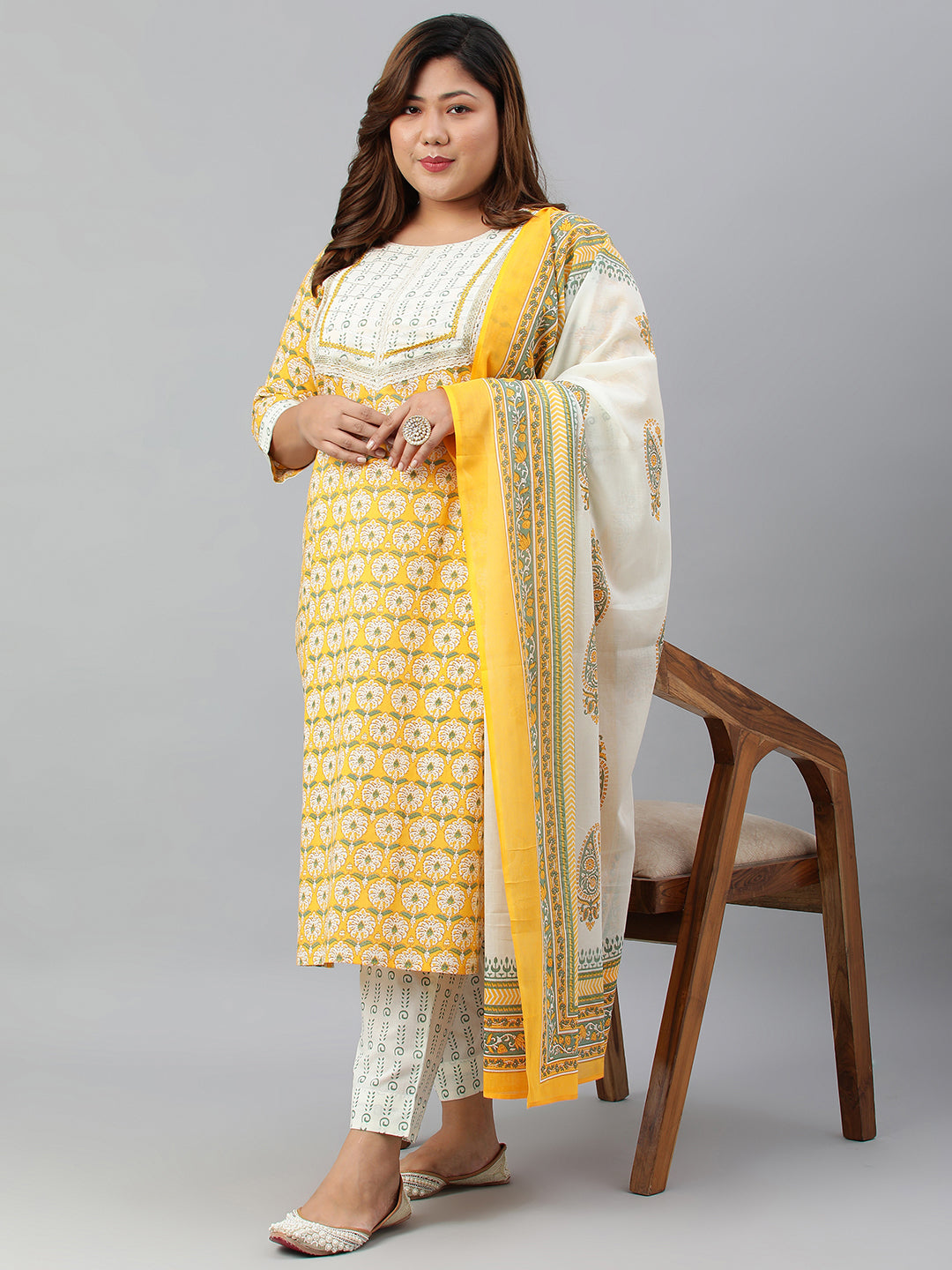 Janasya XL LOVE by Janasya Women's Plus Size Yellow Cotton Kurta With Pants and Dupatta - Distacart