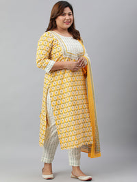 Thumbnail for Janasya XL LOVE by Janasya Women's Plus Size Yellow Cotton Kurta With Pants and Dupatta - Distacart
