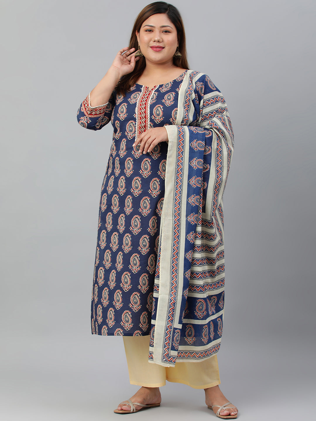 Janasya XL LOVE by Janasya Women's Plus Size Indigo Cotton Kurta With Palazzo and Dupatta - Distacart