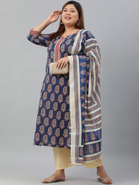 Thumbnail for Janasya XL LOVE by Janasya Women's Plus Size Indigo Cotton Kurta With Palazzo and Dupatta - Distacart
